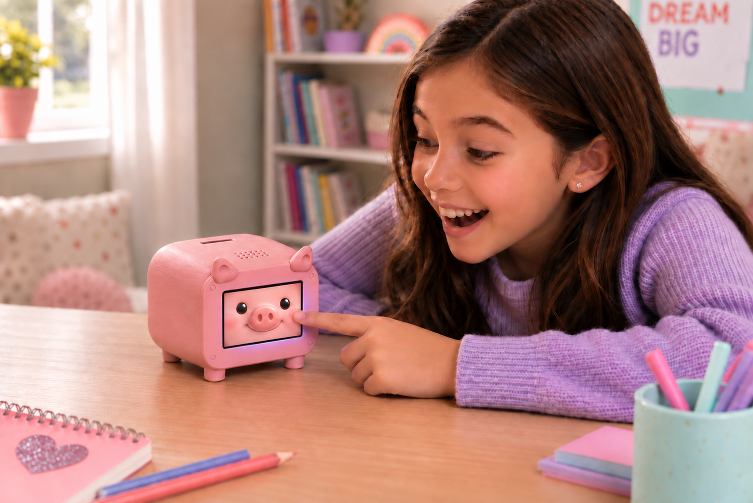 A happy girl taps the animated pig face on the pink Piggy smart piggy bank's touchscreen